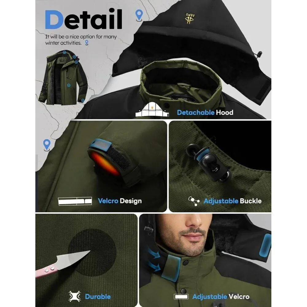 Men's Army Green Waterproof Winter Warm Snow Coat Fleece Lined Hiking Ski Jacket